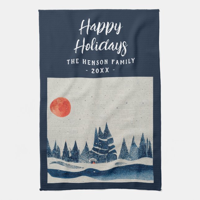 Winter Landscape Forest Moon Navy Blue Drawing Tea Towel (Vertical)