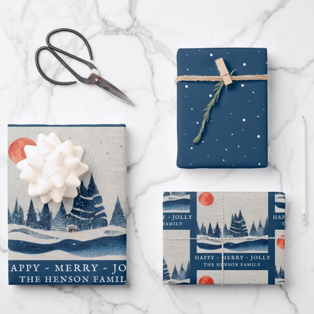 Winter Landscape Forest Moon Navy Blue Drawing Wrapping Paper Sheet (Front)