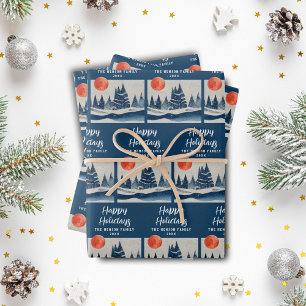 Winter Landscape Forest Moon Navy Blue Drawing Wrapping Paper Sheet