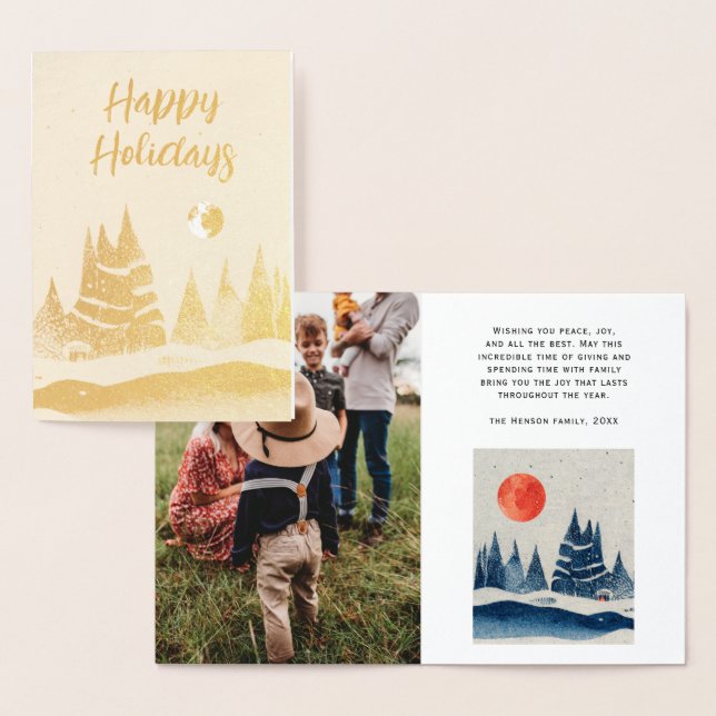 Winter Landscape Forest Moon Navy Blue Photo Foil Card (Display)