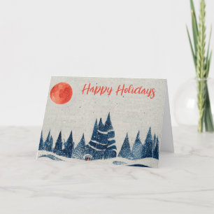 Winter Landscape Forest Navy Blue Drawing Holiday Card