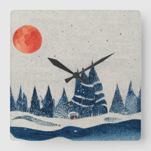 Winter Landscape Forest Navy Blue Red Drawing Square Wall Clock