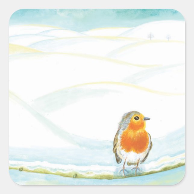 Winter Landscape Illustration With Robin Square Sticker (Front)