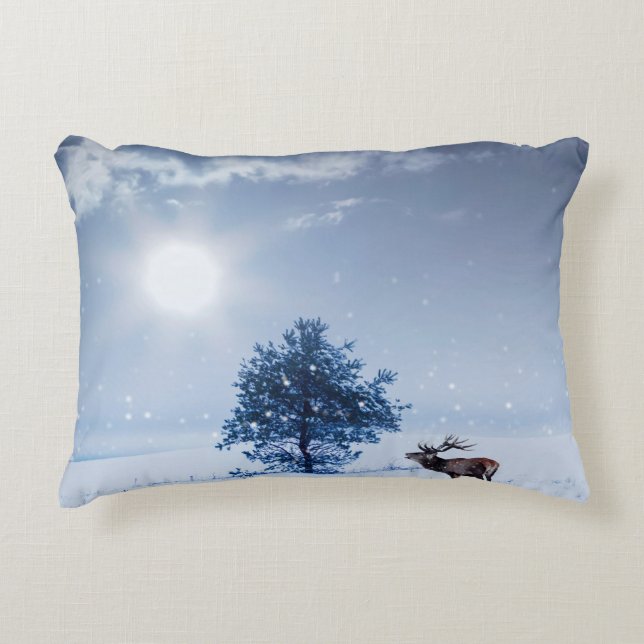 Winter landscape in blue colour. Lonely tree and w Decorative Cushion (Front)