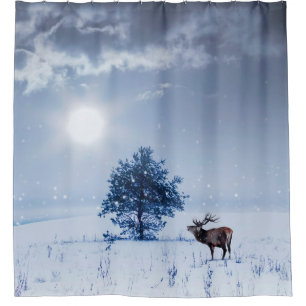 Winter landscape in blue colour. Lonely tree and w Shower Curtain
