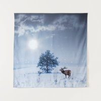 Winter landscape in blue colour. Lonely tree and w
