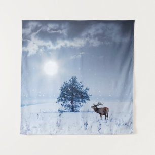 Winter landscape in blue colour. Lonely tree and w Tapestry