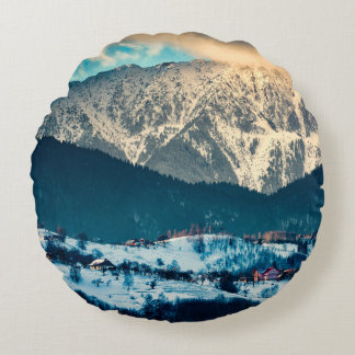 Winter landscape in Carpathian Mountain. Bran, Rom Round Cushion