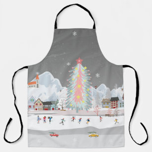 Winter landscape: night village celebration. apron