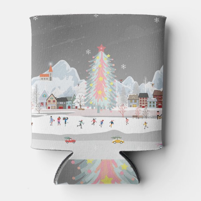 Winter landscape: night village celebration. can cooler (Front)