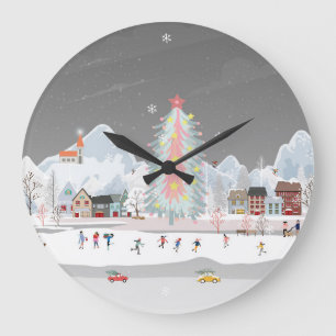 Winter landscape: night village celebration. large clock