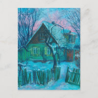 Winter Landscape Old Cottage House Pastel Painting