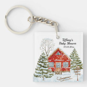 Winter Landscape Red House Baby Shower Key Ring