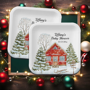 Winter Landscape Red House Baby Shower Paper Plate