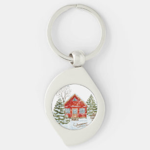 Winter Landscape Red House Key Ring