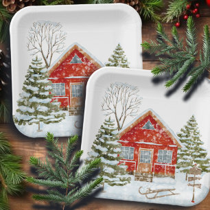 Winter Landscape Red House  Paper Plate