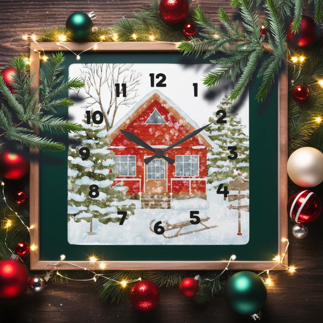 Winter Landscape Red House Square Wall Clock (Creator Uploaded)