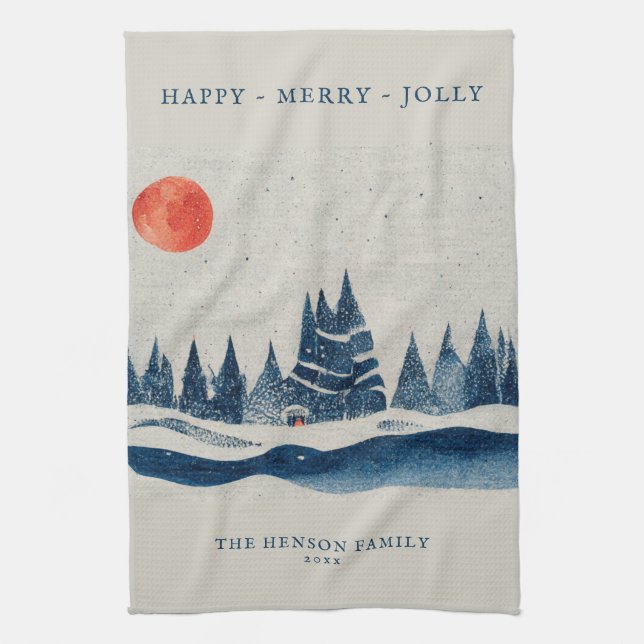 Winter Landscape Snowy Forest Moon Christmas Tea Towel (Vertical)