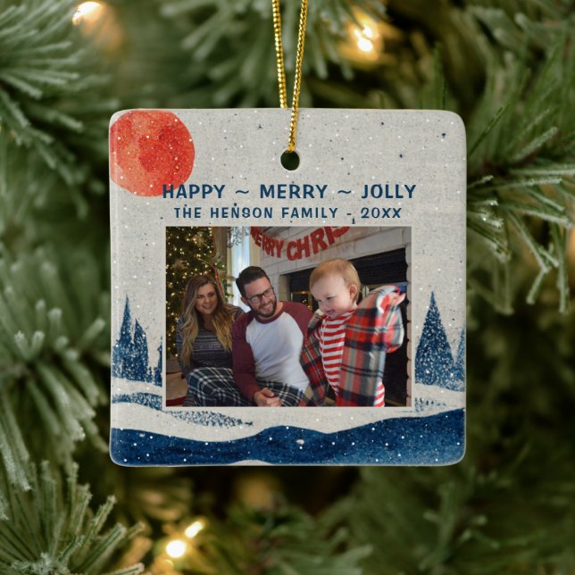 Winter Landscape Snowy Forest Moon Photo Christmas Ceramic Ornament (Tree)