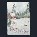 Winter Landscape Tidings of Comfort and Joy Tea Towel<br><div class="desc">Winter Landscape kitchen towel,  lettered with "Tidings of Comfort and Joy" in trendy script typography. This rustic country design has a watercolor scene of a lakeside lodge,  pine trees,  a duck on the lake,  snow and a sled.</div>