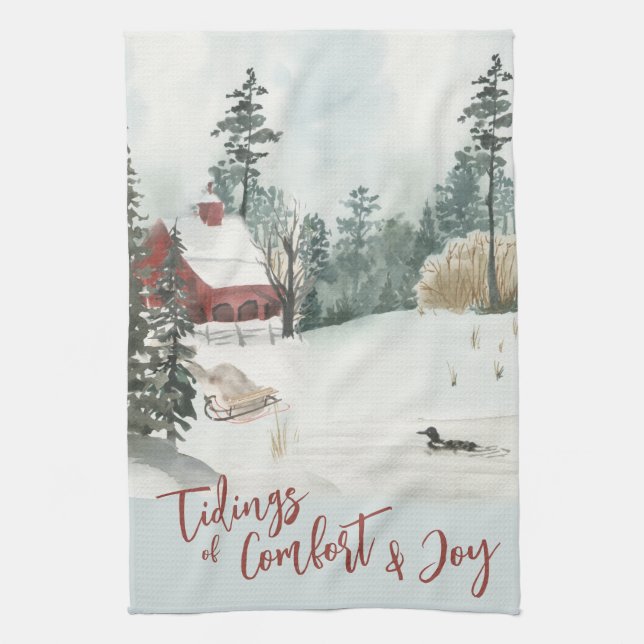 Winter Landscape Tidings of Comfort and Joy Tea Towel (Vertical)