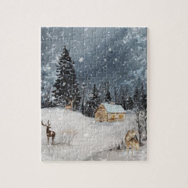 Winter Landscape Watercolor Cabin Jigsaw Puzzle (Vertical)
