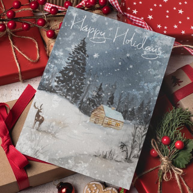 Winter landscape Watercolor Holiday Cabin Deer Postcard (Creator Uploaded)