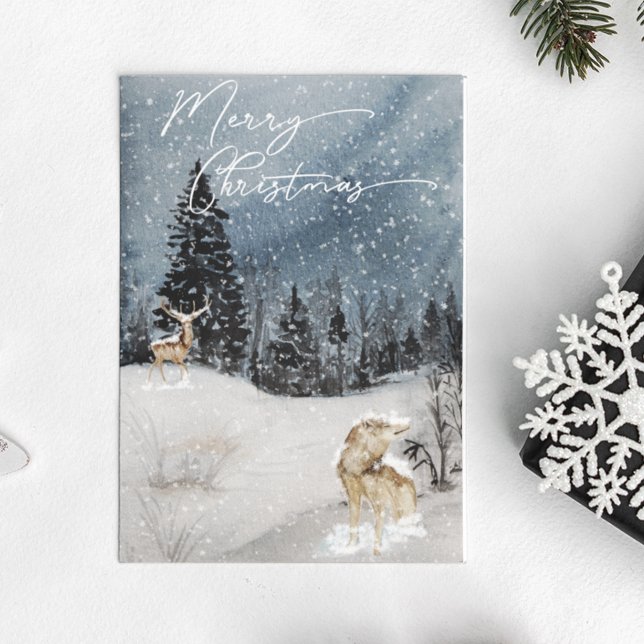 Winter landscape Watercolor Holiday wolf Postcard (Creator Uploaded)