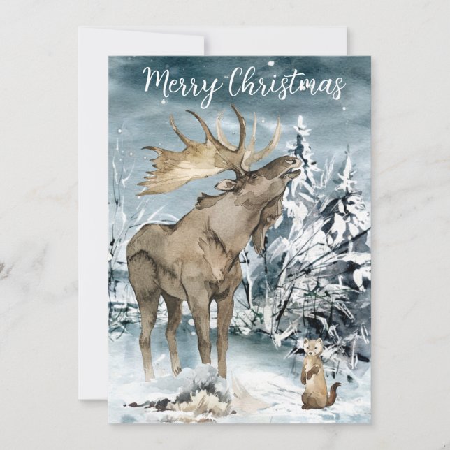 Winter landscape Watercolor Moose Christmas Postca Holiday Card (Front)