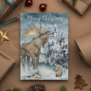 Winter landscape Watercolor Moose Christmas Postcard