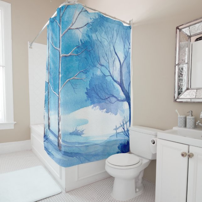 Winter landscape Watercolors Illustration Shower Curtain (In Situ)