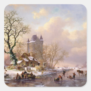 Winter Landscape with a Castle Square Sticker