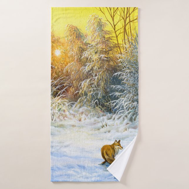 Winter landscape with a fox on a decline bath towel (Bath Towel)