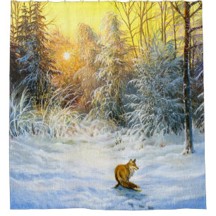 Winter landscape with a fox on a decline shower curtain