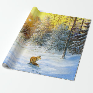 Winter landscape with a fox on a decline wrapping paper