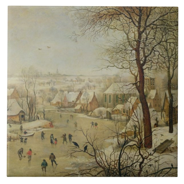 Winter Landscape with Bird Trap (oil on panel) Ceramic Tile (Front)