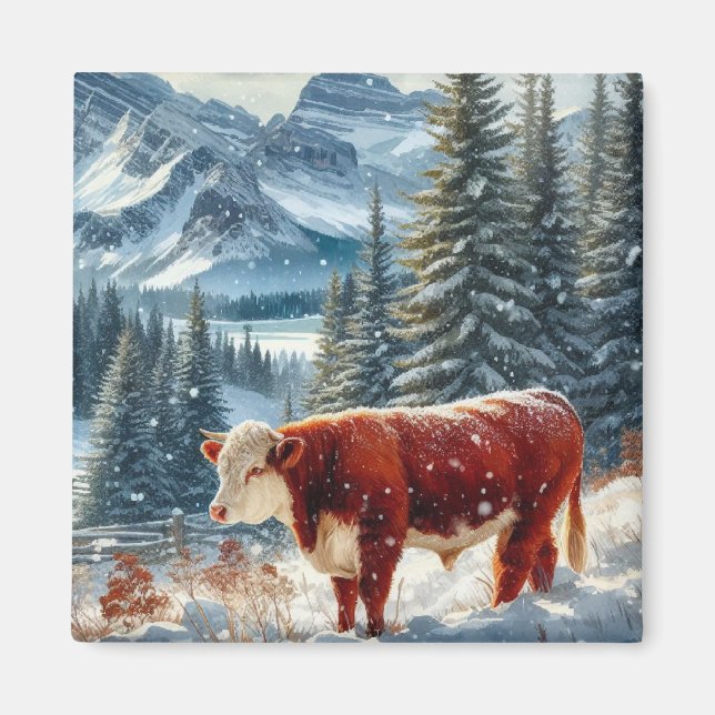 Winter Landscape With Cows Grazing in Snow Magnet (Front)