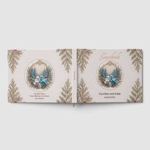 Winter landscape with cute bird wedding couple. guest book