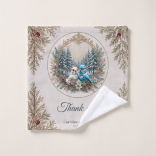 Winter landscape with cute bird wedding couple. wash cloth