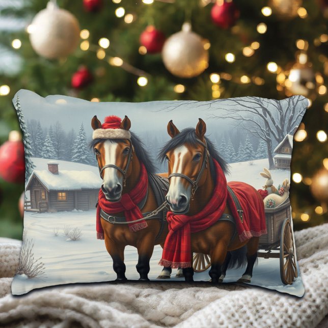 Winter Landscape with Horses and Cabin Decorative Cushion (Creator Uploaded)