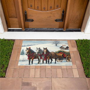 Winter Landscape with Horses and Cabin Doormat