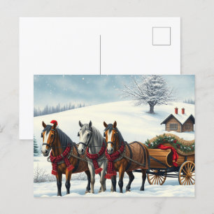 Winter Landscape with Horses and Cabin Holiday Postcard