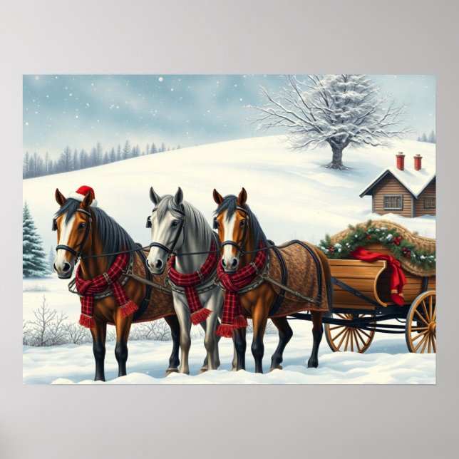 Winter Landscape with Horses and Cabin Poster (Front)