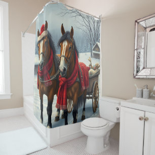 Winter Landscape with Horses and Cabin Shower Curtain