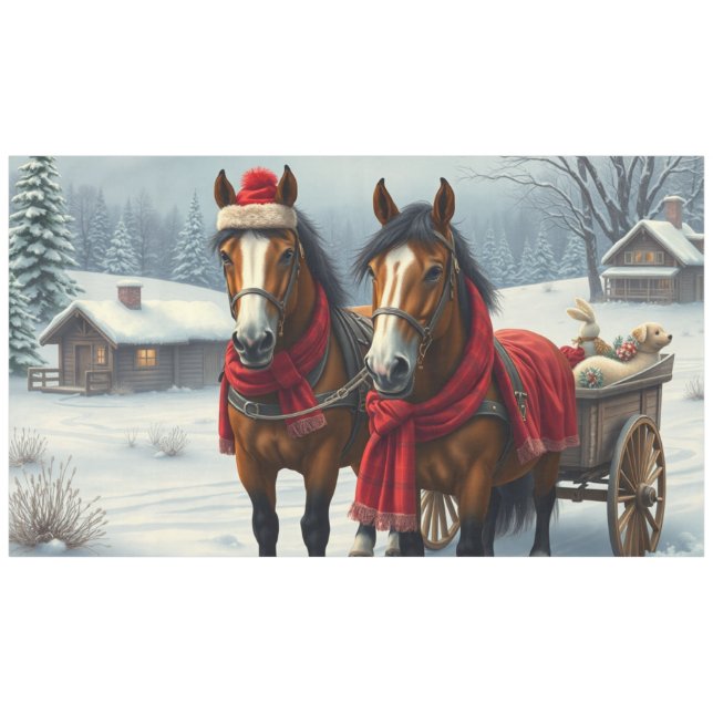 Winter Landscape with Horses and Cabin Tablecloth (Front (Horizontal))