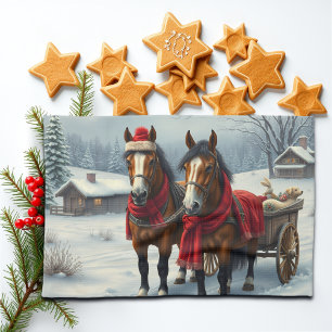 Winter Landscape with Horses and Cabin Tea Towel