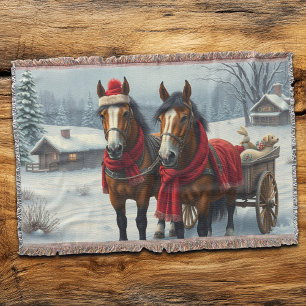 Winter Landscape with Horses and Cabin Throw Blanket