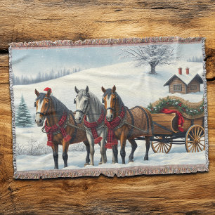 Winter Landscape with Horses and Cabin Throw Blanket