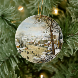 Winter Landscape with Ice skaters, Christmas tree Ceramic Ornament