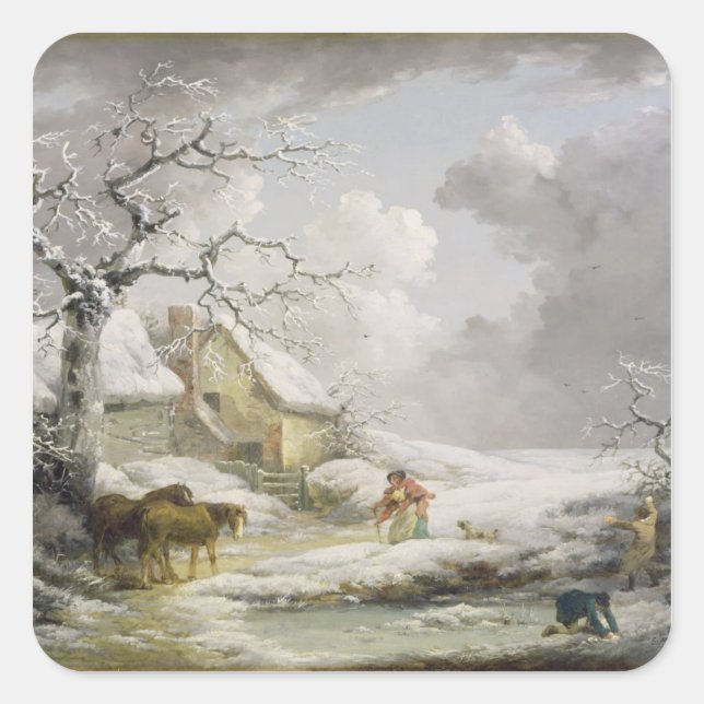Winter Landscape with Men Snowballing an Old Woman Square Sticker (Front)